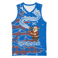 Scotland Christmas Basketball Jersey with Santa Playing Bagpipes and Blue Red Tartan Music Notes - Wonder Print Shop