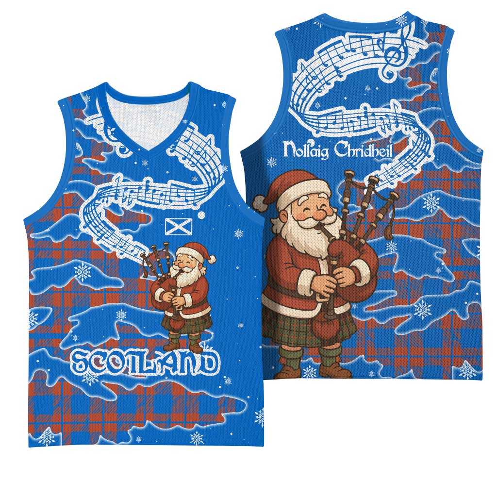 Scotland Christmas Basketball Jersey with Santa Playing Bagpipes and Blue Red Tartan Music Notes - Wonder Print Shop