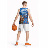 Scotland Christmas Basketball Jersey with Santa Playing Bagpipes and Blue Red Tartan Music Notes - Wonder Print Shop