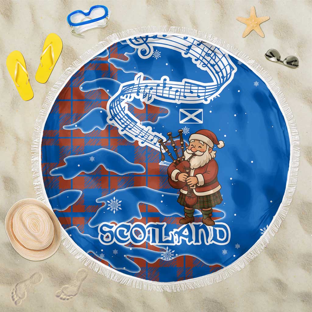 Scotland Christmas Beach Blanket with Santa Playing Bagpipes and Blue Red Tartan Music Notes - Wonder Print Shop