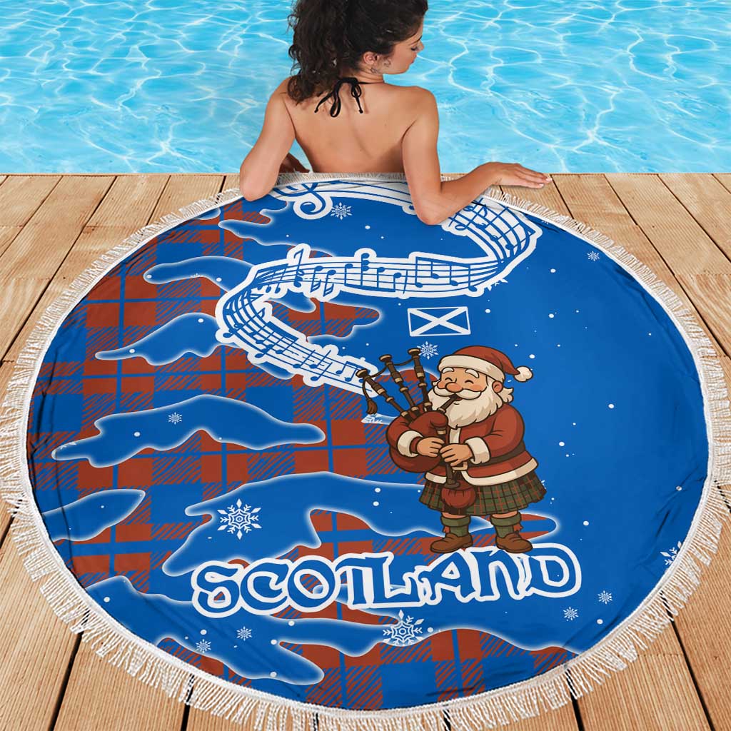 Scotland Christmas Beach Blanket with Santa Playing Bagpipes and Blue Red Tartan Music Notes - Wonder Print Shop
