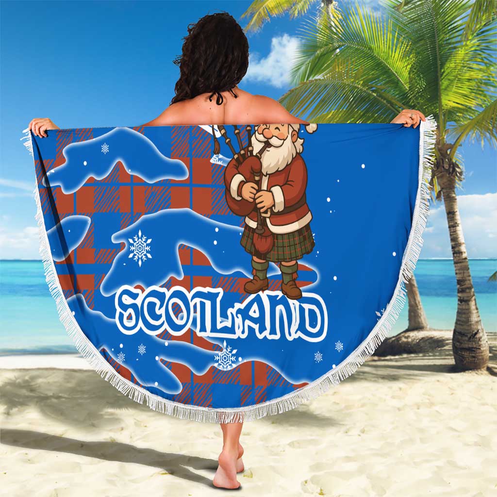 Scotland Christmas Beach Blanket with Santa Playing Bagpipes and Blue Red Tartan Music Notes - Wonder Print Shop