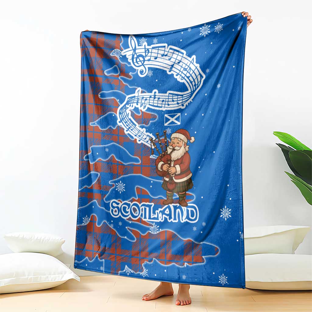 Scotland Christmas Blanket with Santa Playing Bagpipes and Blue Red Tartan Music Notes - Wonder Print Shop