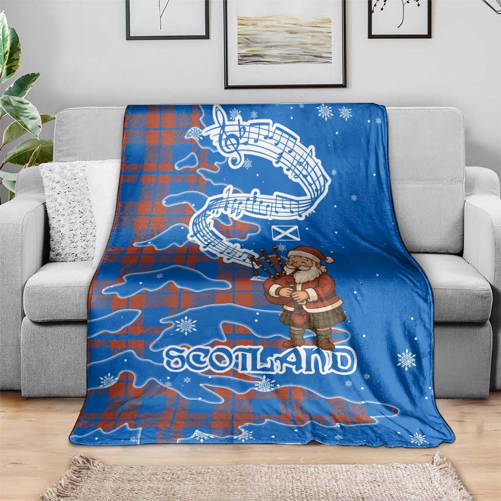 Scotland Christmas Blanket with Santa Playing Bagpipes and Blue Red Tartan Music Notes - Wonder Print Shop
