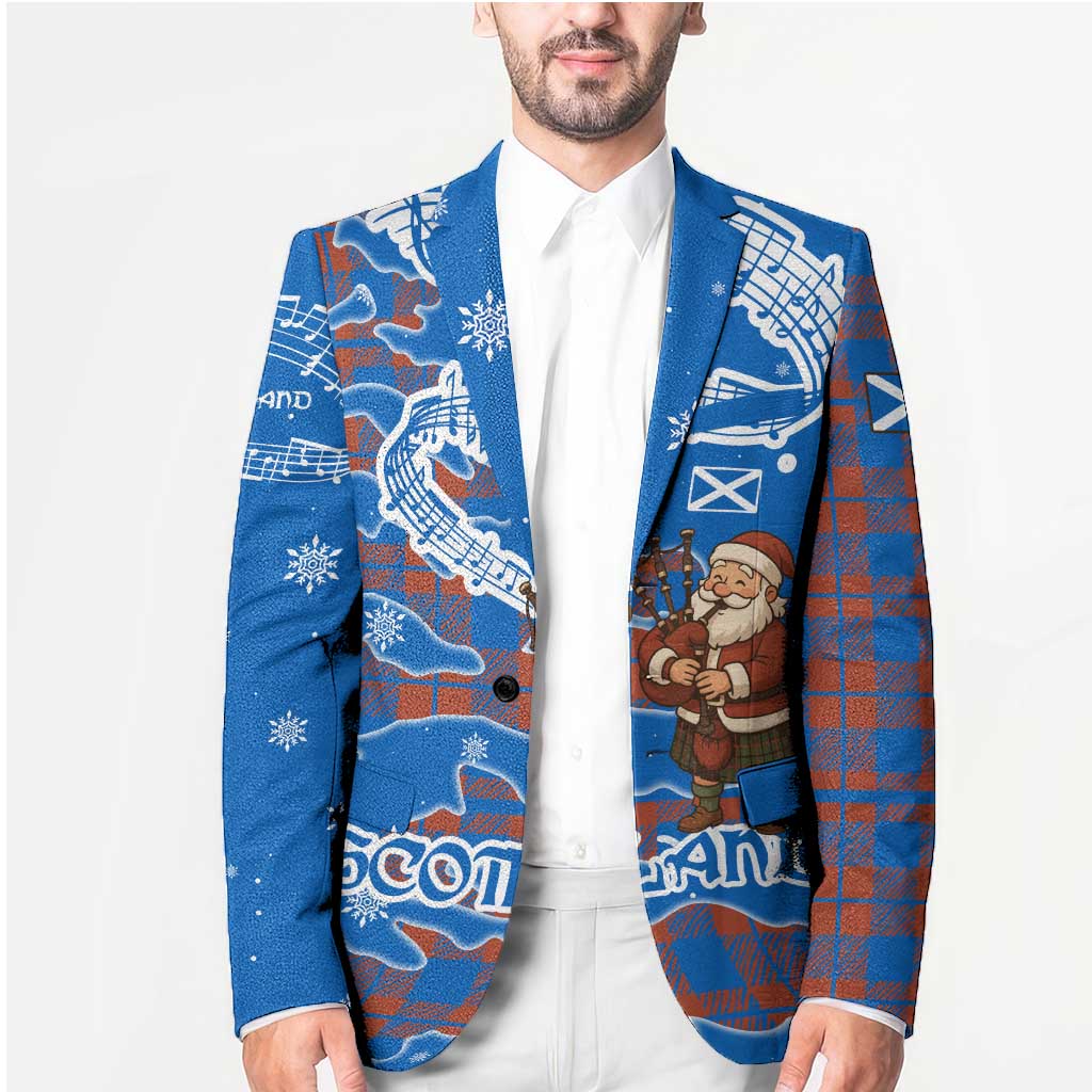 Scotland Christmas Blazer with Santa Playing Bagpipes and Blue Red Tartan Music Notes - Wonder Print Shop