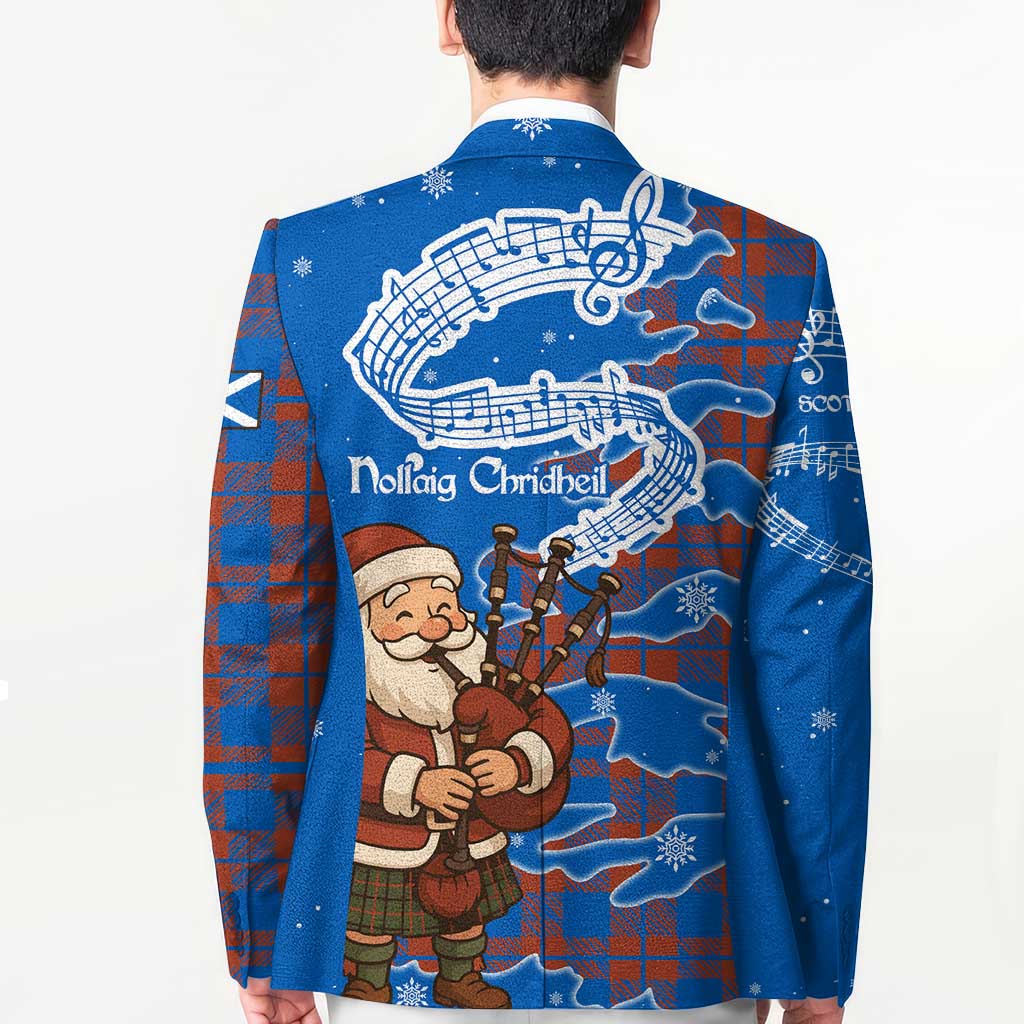 Scotland Christmas Blazer with Santa Playing Bagpipes and Blue Red Tartan Music Notes - Wonder Print Shop