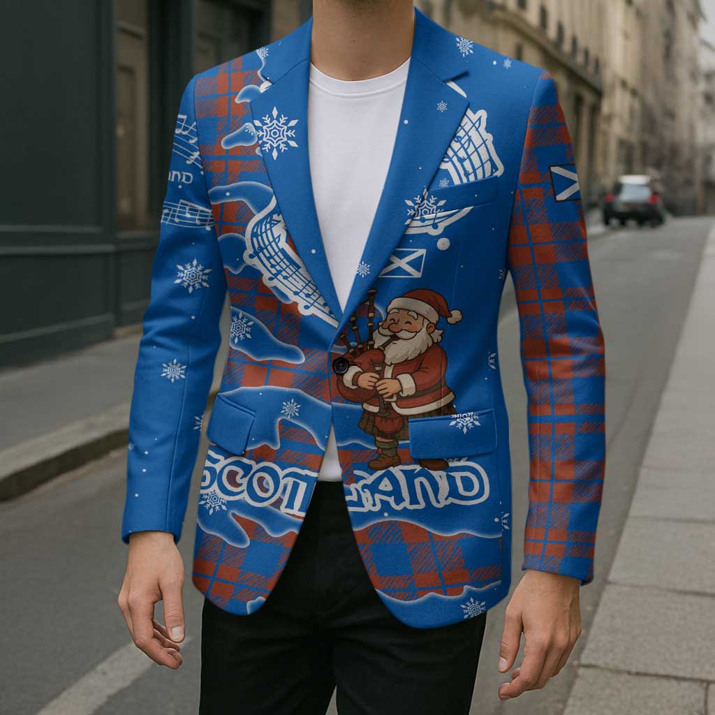 Scotland Christmas Blazer with Santa Playing Bagpipes and Blue Red Tartan Music Notes - Wonder Print Shop