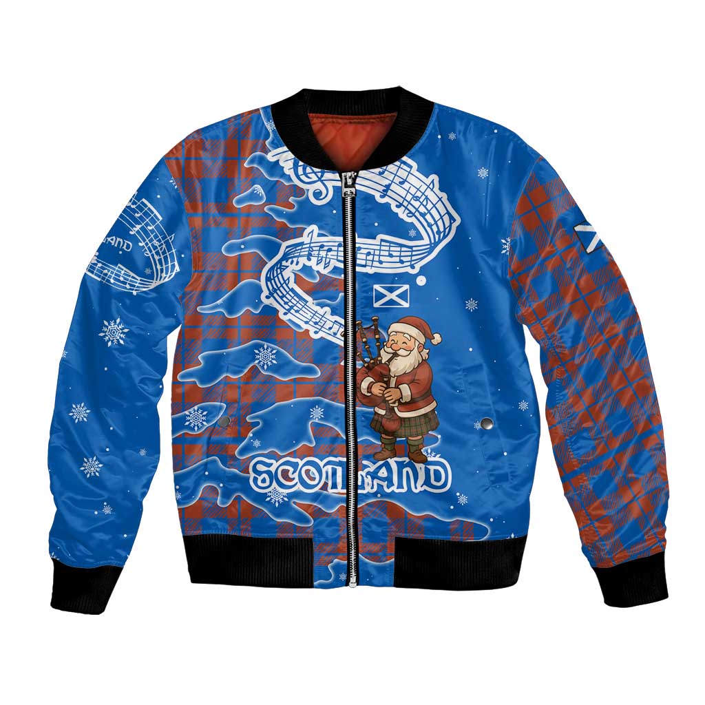Scotland Christmas Bomber Jacket with Santa Playing Bagpipes and Blue Red Tartan Music Notes - Wonder Print Shop