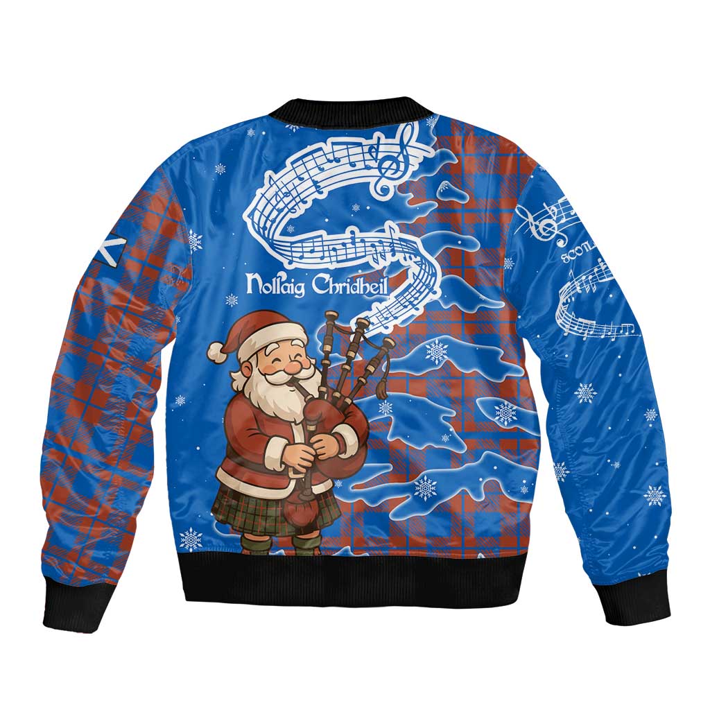 Scotland Christmas Bomber Jacket with Santa Playing Bagpipes and Blue Red Tartan Music Notes - Wonder Print Shop
