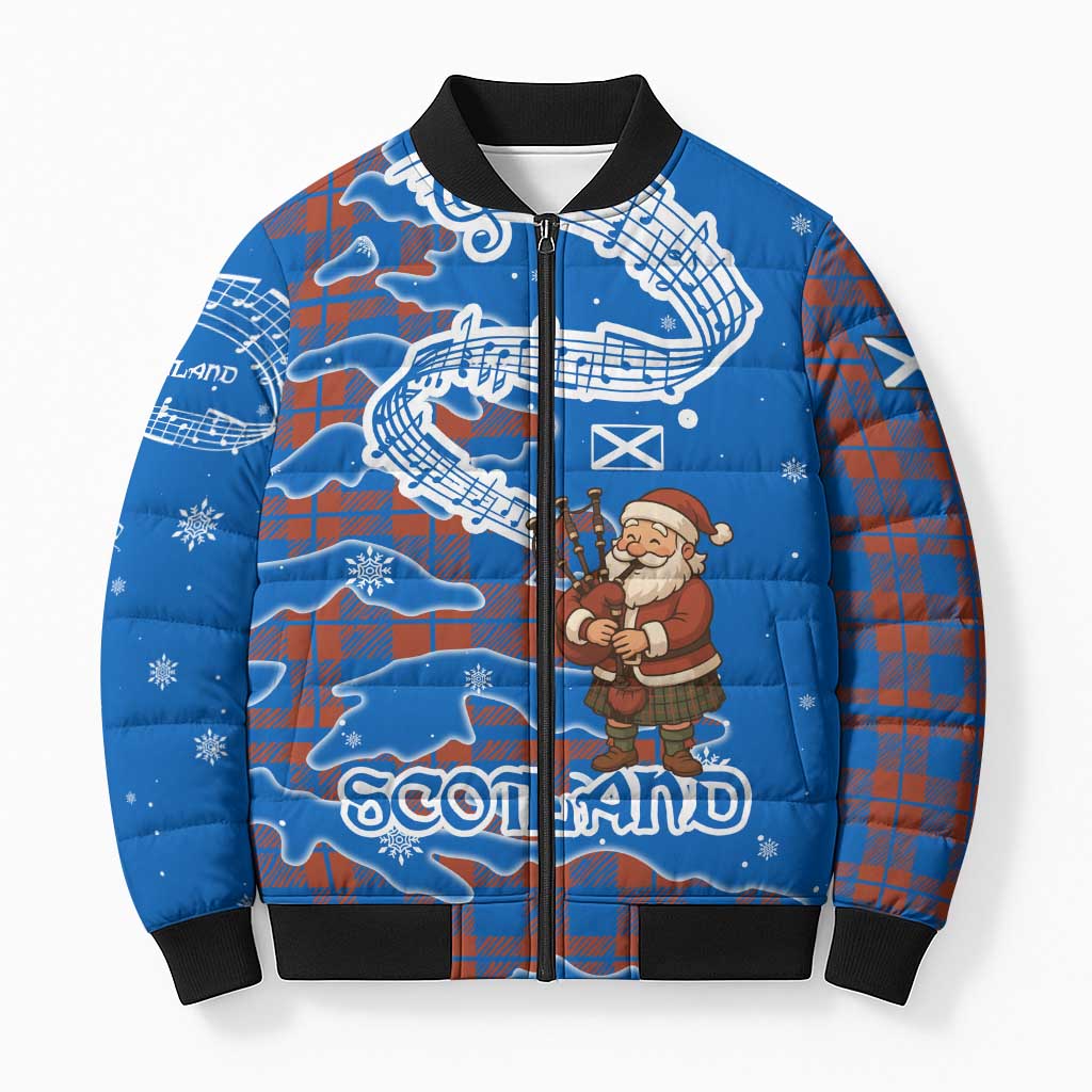 Scotland Christmas Bomber Puffer Jacket with Santa Playing Bagpipes and Blue Red Tartan Music Notes - Wonder Print Shop