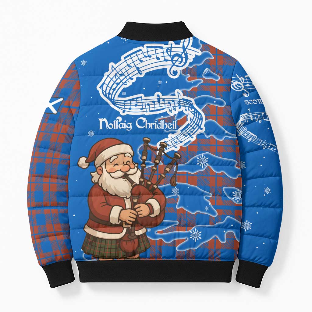 Scotland Christmas Bomber Puffer Jacket with Santa Playing Bagpipes and Blue Red Tartan Music Notes - Wonder Print Shop