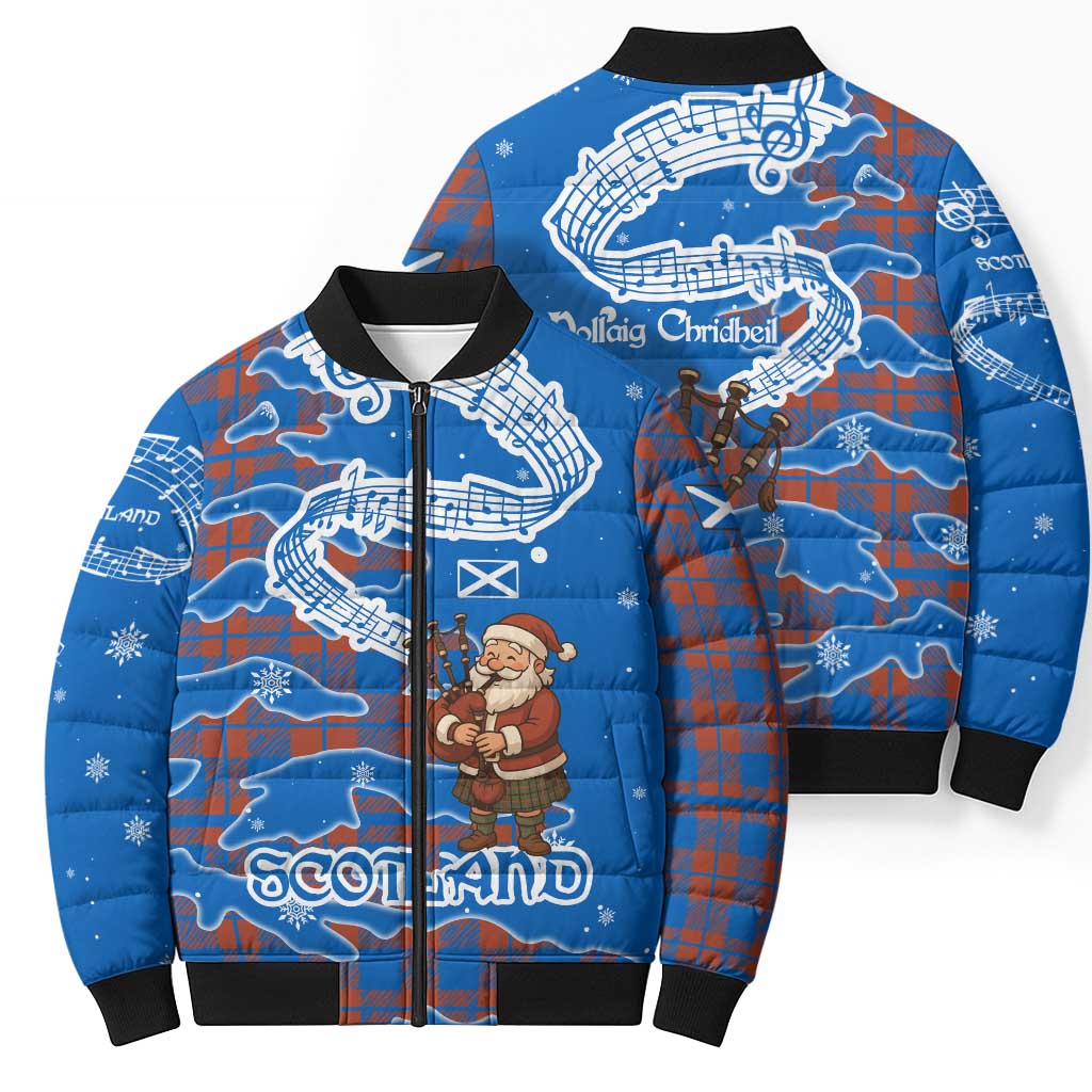 Scotland Christmas Bomber Puffer Jacket with Santa Playing Bagpipes and Blue Red Tartan Music Notes - Wonder Print Shop