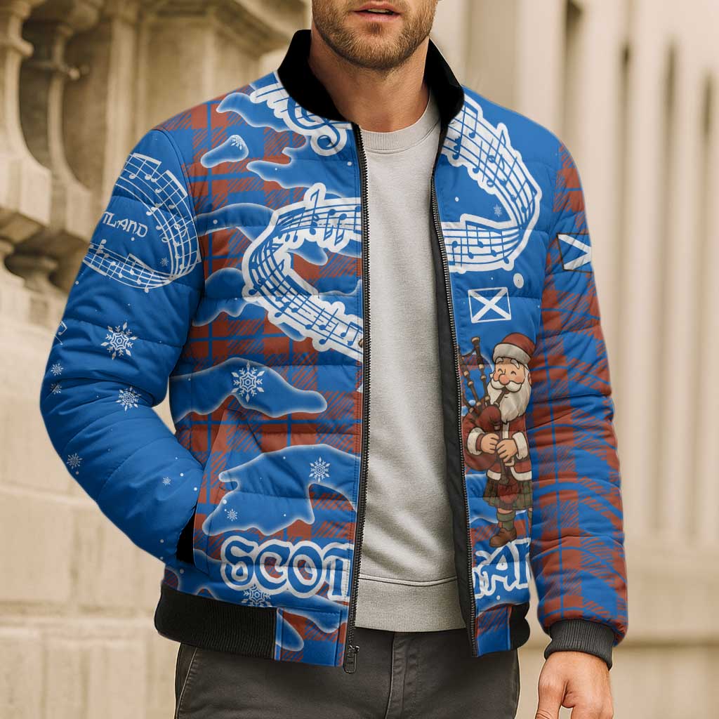 Scotland Christmas Bomber Puffer Jacket with Santa Playing Bagpipes and Blue Red Tartan Music Notes - Wonder Print Shop