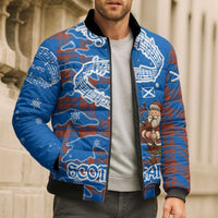 Scotland Christmas Bomber Puffer Jacket with Santa Playing Bagpipes and Blue Red Tartan Music Notes - Wonder Print Shop