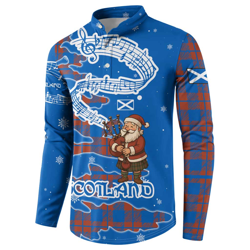 Scotland Christmas Button Sweatshirt with Santa Playing Bagpipes and Blue Red Tartan Music Notes - Wonder Print Shop