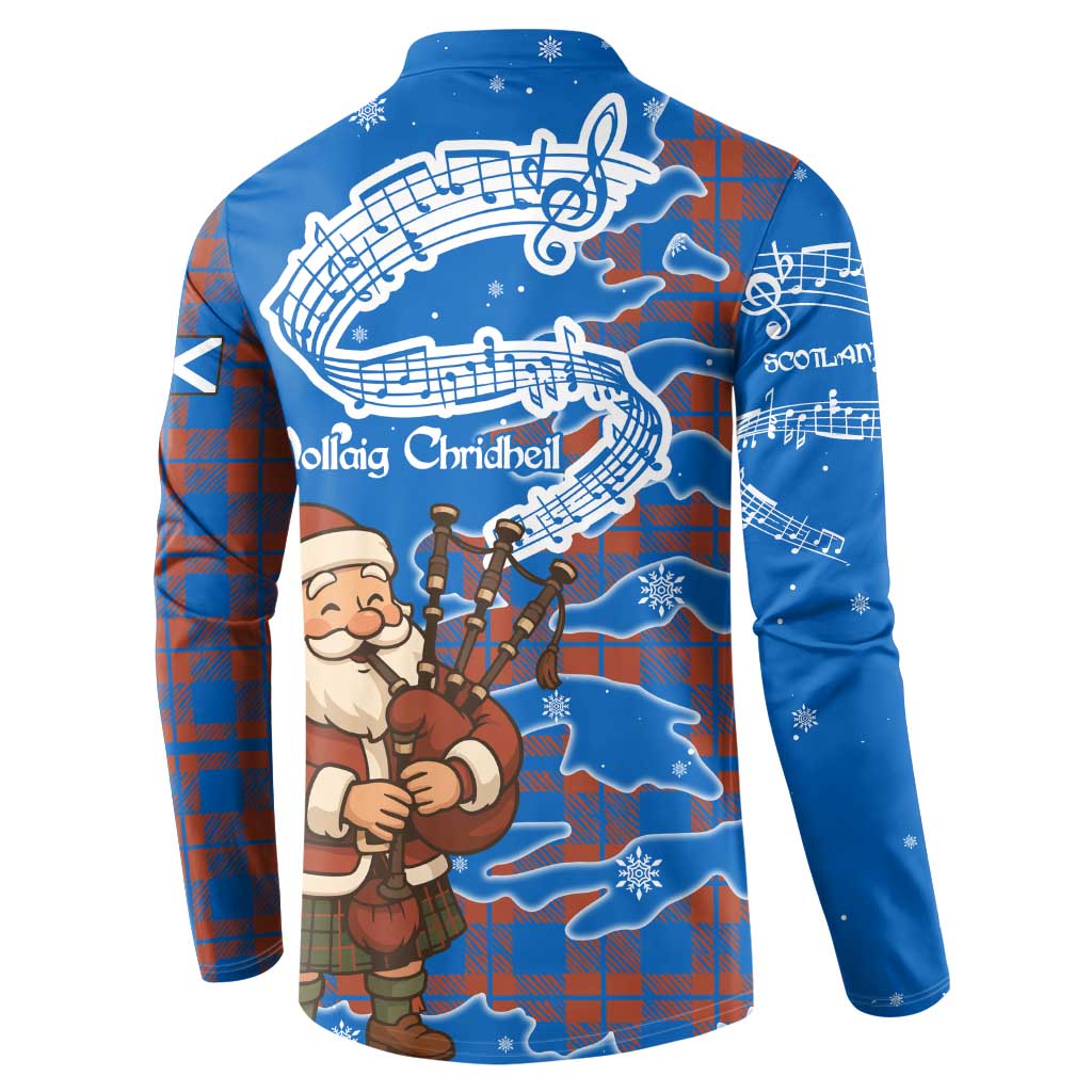 Scotland Christmas Button Sweatshirt with Santa Playing Bagpipes and Blue Red Tartan Music Notes - Wonder Print Shop