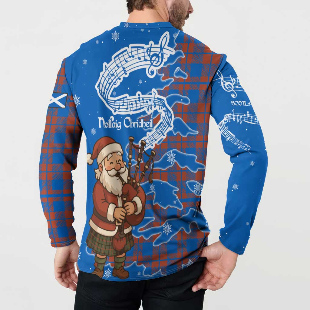 Scotland Christmas Button Sweatshirt with Santa Playing Bagpipes and Blue Red Tartan Music Notes - Wonder Print Shop