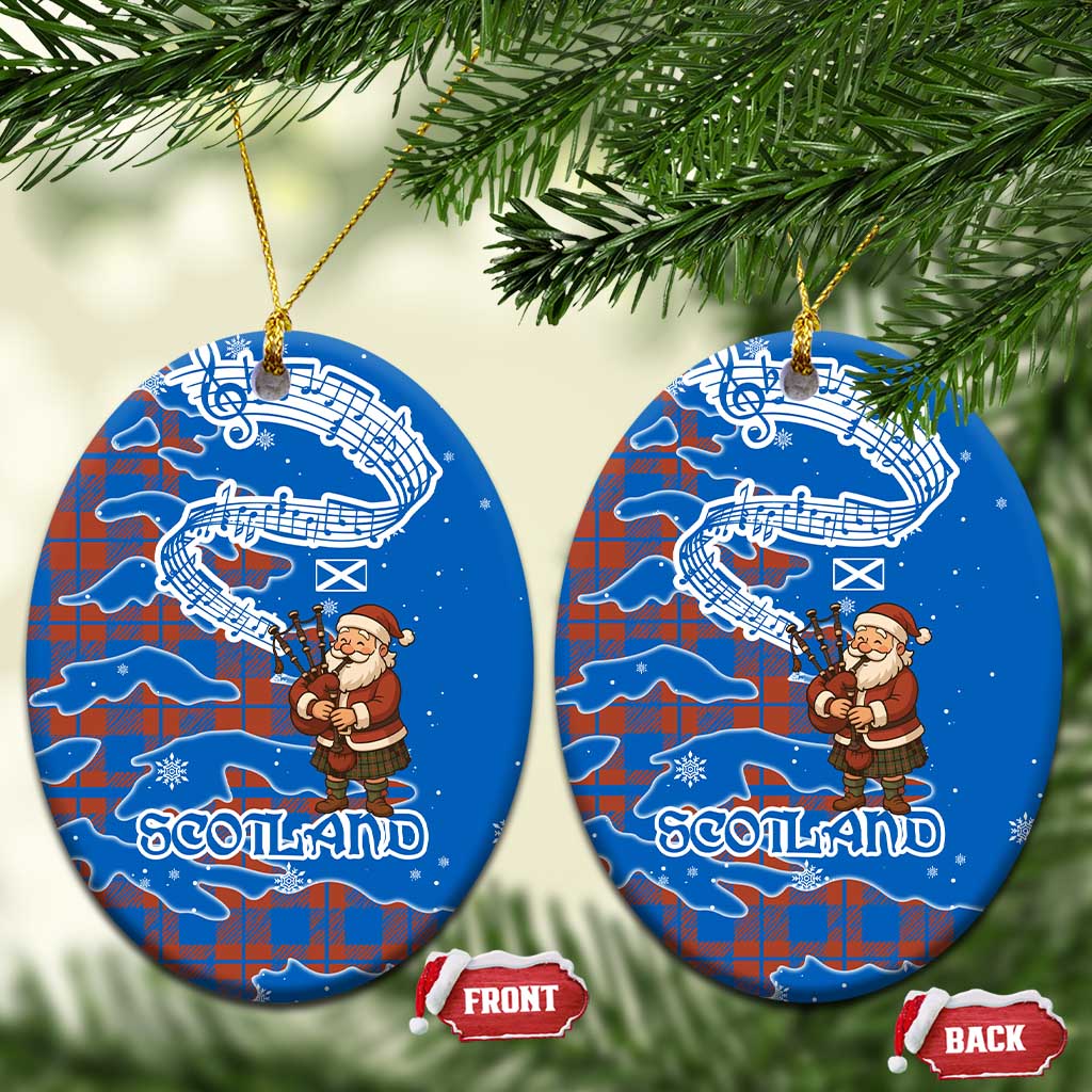 Scotland Christmas Ceramic Ornament with Santa Playing Bagpipes and Blue Red Tartan Music Notes - Wonder Print Shop