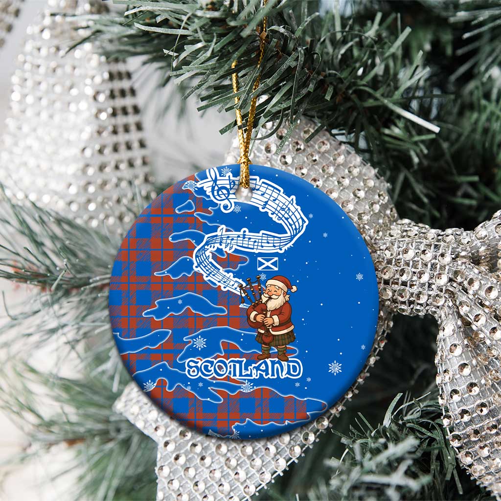 Scotland Christmas Ceramic Ornament with Santa Playing Bagpipes and Blue Red Tartan Music Notes - Wonder Print Shop