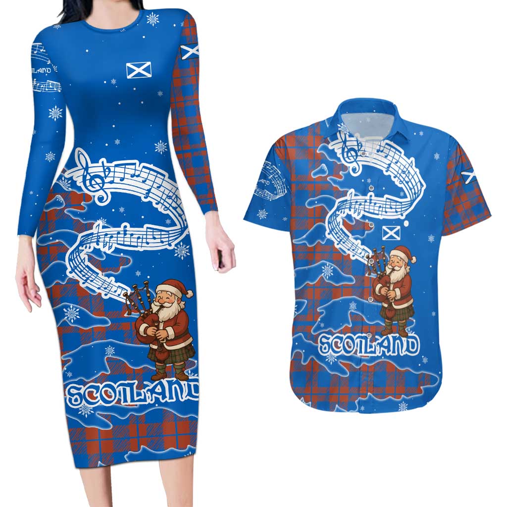 Scotland Christmas Couples Matching Long Sleeve Bodycon Dress and Hawaiian Shirt with Santa Playing Bagpipes and Blue Red Tartan Music Notes - Wonder Print Shop