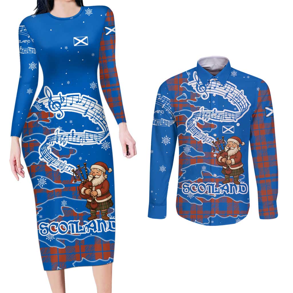 Scotland Christmas Couples Matching Long Sleeve Bodycon Dress and Long Sleeve Button Shirt with Santa Playing Bagpipes and Blue Red Tartan Music Notes - Wonder Print Shop