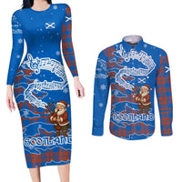 Scotland Christmas Couples Matching Long Sleeve Bodycon Dress and Long Sleeve Button Shirt with Santa Playing Bagpipes and Blue Red Tartan Music Notes - Wonder Print Shop