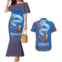 Scotland Christmas Couples Matching Mermaid Dress and Hawaiian Shirt with Santa Playing Bagpipes and Blue Red Tartan Music Notes - Wonder Print Shop