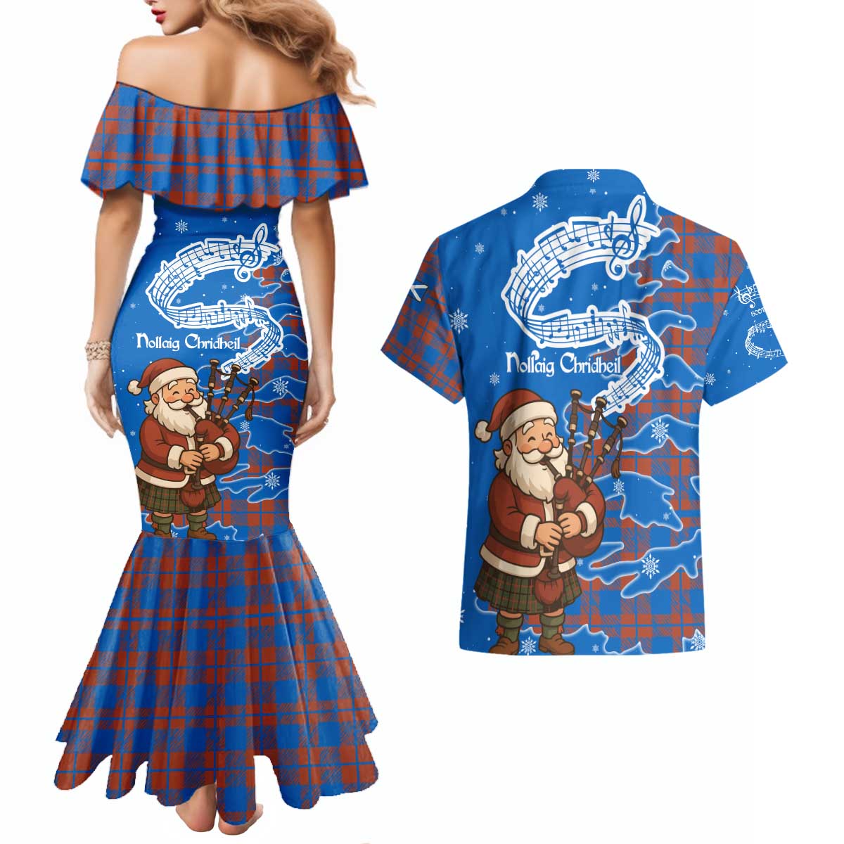 Scotland Christmas Couples Matching Mermaid Dress and Hawaiian Shirt with Santa Playing Bagpipes and Blue Red Tartan Music Notes - Wonder Print Shop