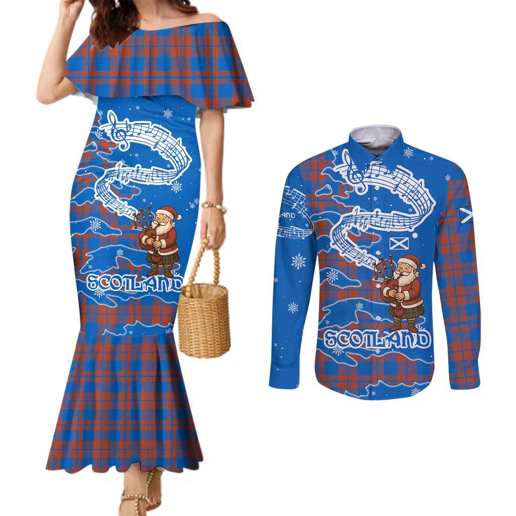 Scotland Christmas Couples Matching Mermaid Dress and Long Sleeve Button Shirt with Santa Playing Bagpipes and Blue Red Tartan Music Notes - Wonder Print Shop