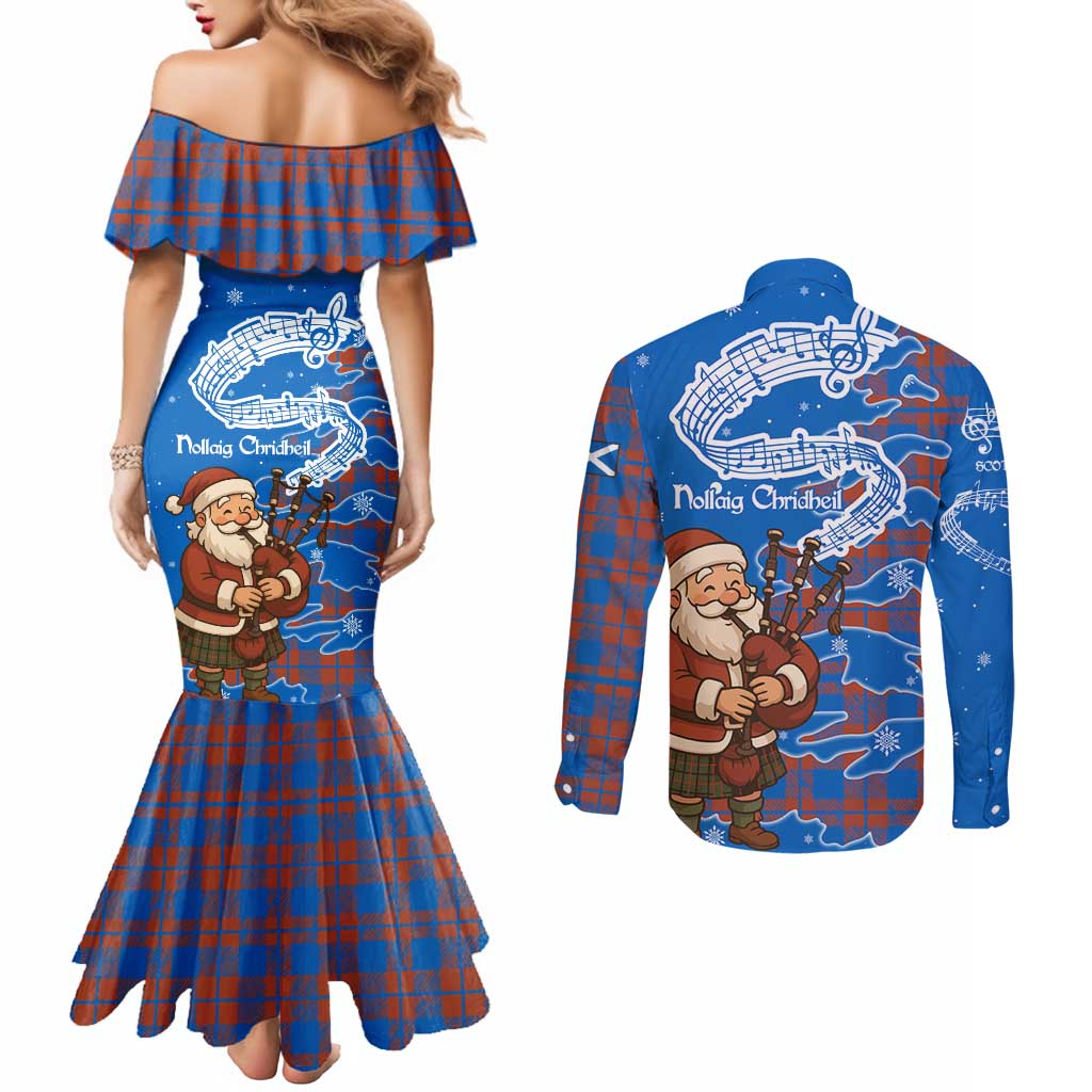 Scotland Christmas Couples Matching Mermaid Dress and Long Sleeve Button Shirt with Santa Playing Bagpipes and Blue Red Tartan Music Notes - Wonder Print Shop