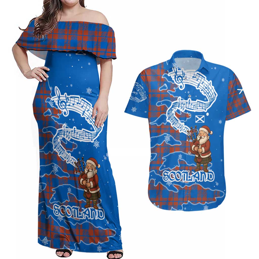 Scotland Christmas Couples Matching Off Shoulder Maxi Dress and Hawaiian Shirt with Santa Playing Bagpipes and Blue Red Tartan Music Notes - Wonder Print Shop