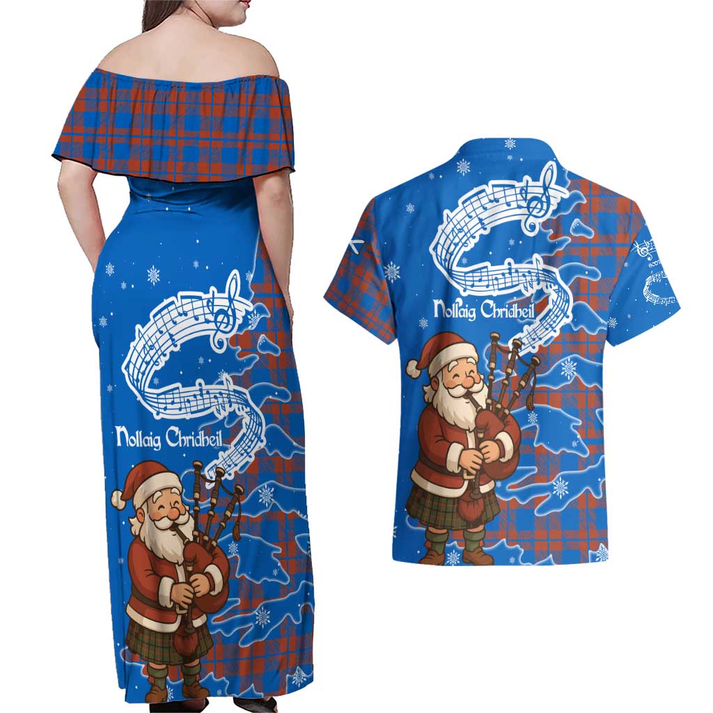 Scotland Christmas Couples Matching Off Shoulder Maxi Dress and Hawaiian Shirt with Santa Playing Bagpipes and Blue Red Tartan Music Notes - Wonder Print Shop