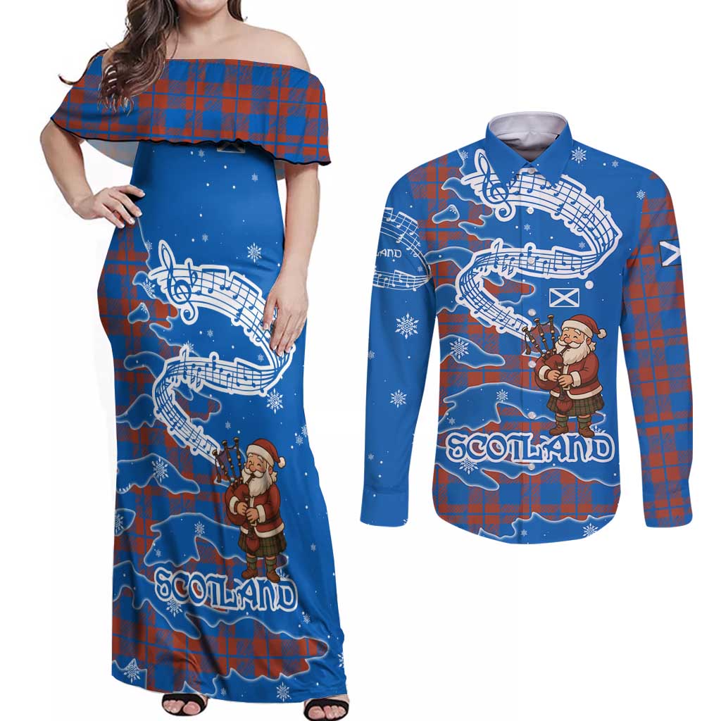 Scotland Christmas Couples Matching Off Shoulder Maxi Dress and Long Sleeve Button Shirt with Santa Playing Bagpipes and Blue Red Tartan Music Notes - Wonder Print Shop