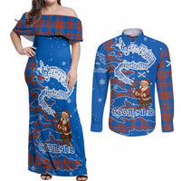 Scotland Christmas Couples Matching Off Shoulder Maxi Dress and Long Sleeve Button Shirt with Santa Playing Bagpipes and Blue Red Tartan Music Notes - Wonder Print Shop