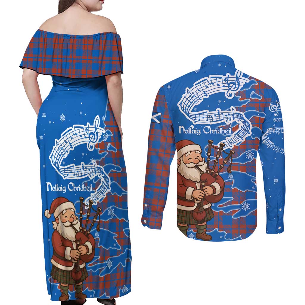 Scotland Christmas Couples Matching Off Shoulder Maxi Dress and Long Sleeve Button Shirt with Santa Playing Bagpipes and Blue Red Tartan Music Notes - Wonder Print Shop