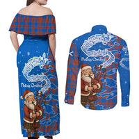 Scotland Christmas Couples Matching Off Shoulder Maxi Dress and Long Sleeve Button Shirt with Santa Playing Bagpipes and Blue Red Tartan Music Notes - Wonder Print Shop