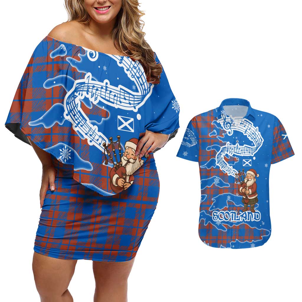 Scotland Christmas Couples Matching Off Shoulder Short Dress and Hawaiian Shirt with Santa Playing Bagpipes and Blue Red Tartan Music Notes - Wonder Print Shop