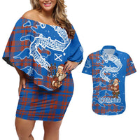 Scotland Christmas Couples Matching Off Shoulder Short Dress and Hawaiian Shirt with Santa Playing Bagpipes and Blue Red Tartan Music Notes - Wonder Print Shop