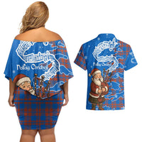 Scotland Christmas Couples Matching Off Shoulder Short Dress and Hawaiian Shirt with Santa Playing Bagpipes and Blue Red Tartan Music Notes - Wonder Print Shop