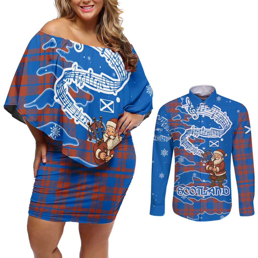 Scotland Christmas Couples Matching Off Shoulder Short Dress and Long Sleeve Button Shirt with Santa Playing Bagpipes and Blue Red Tartan Music Notes - undefined