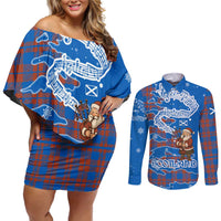 Scotland Christmas Couples Matching Off Shoulder Short Dress and Long Sleeve Button Shirt with Santa Playing Bagpipes and Blue Red Tartan Music Notes - undefined