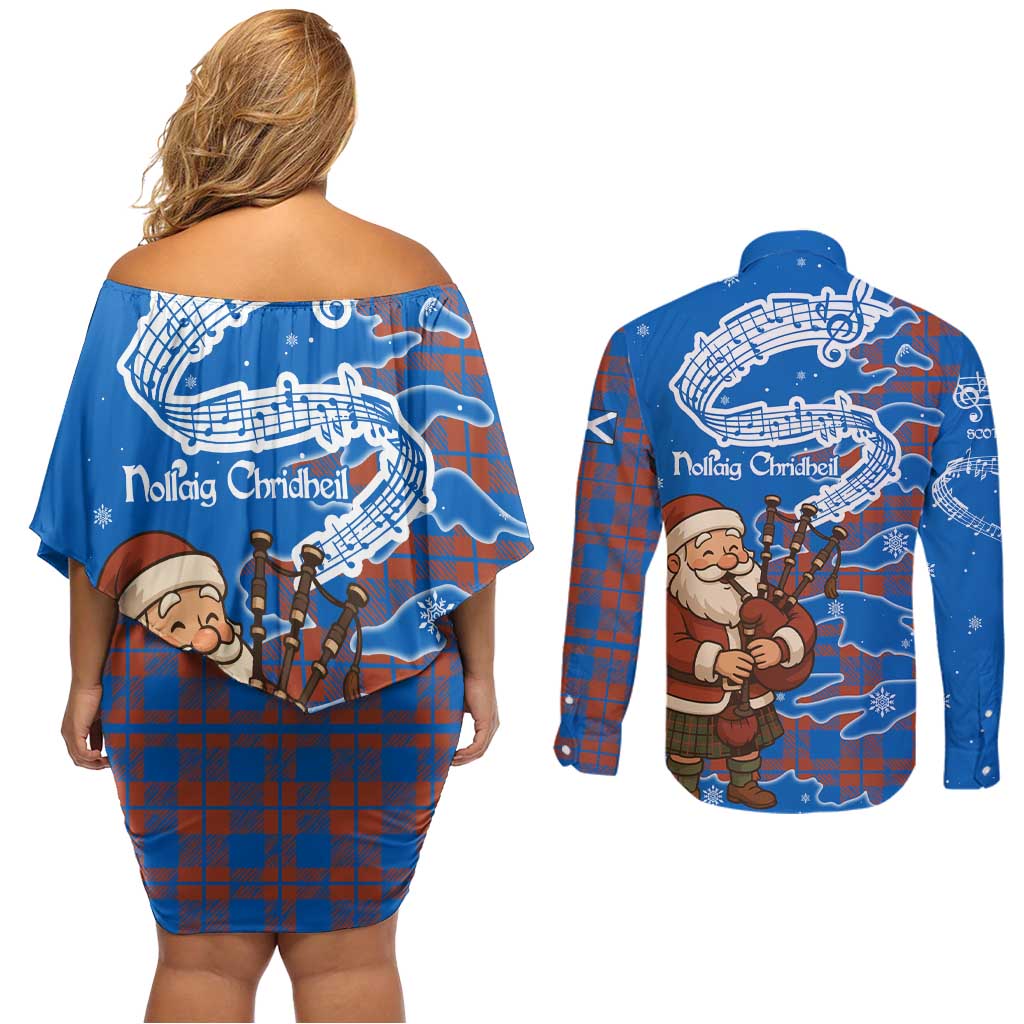 Scotland Christmas Couples Matching Off Shoulder Short Dress and Long Sleeve Button Shirt with Santa Playing Bagpipes and Blue Red Tartan Music Notes - undefined