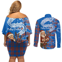 Scotland Christmas Couples Matching Off Shoulder Short Dress and Long Sleeve Button Shirt with Santa Playing Bagpipes and Blue Red Tartan Music Notes - undefined