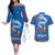 Scotland Christmas Couples Matching Off The Shoulder Long Sleeve Dress and Hawaiian Shirt with Santa Playing Bagpipes and Blue Red Tartan Music Notes - Wonder Print Shop