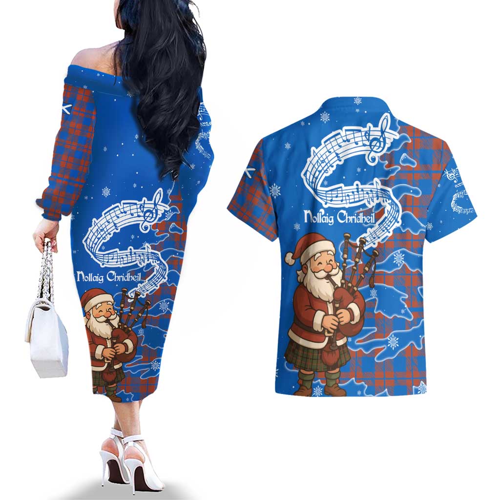 Scotland Christmas Couples Matching Off The Shoulder Long Sleeve Dress and Hawaiian Shirt with Santa Playing Bagpipes and Blue Red Tartan Music Notes - Wonder Print Shop