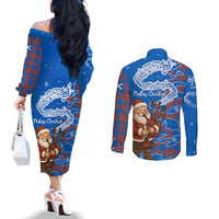 Scotland Christmas Couples Matching Off The Shoulder Long Sleeve Dress and Long Sleeve Button Shirt with Santa Playing Bagpipes and Blue Red Tartan Music Notes - Wonder Print Shop