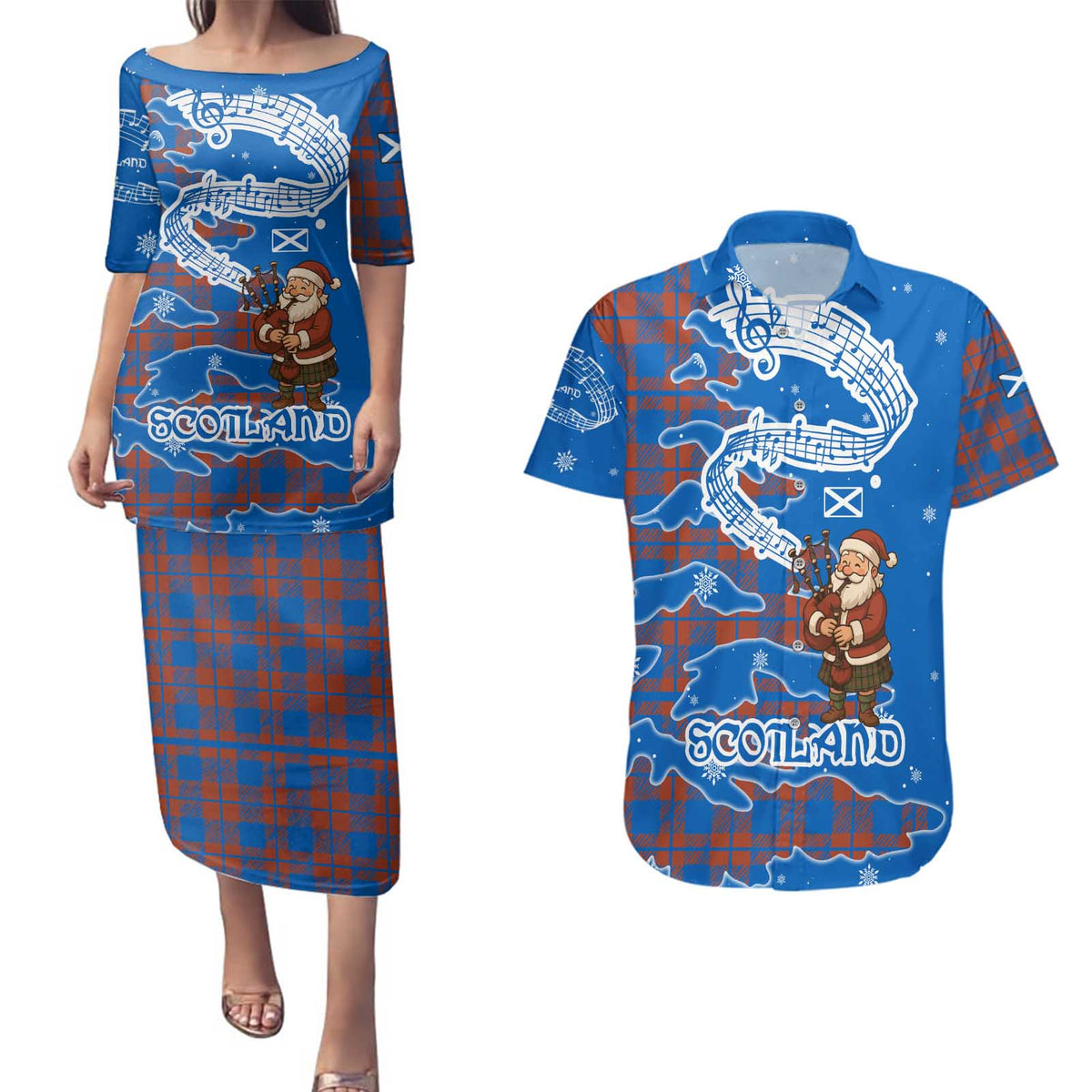 Scotland Christmas Couples Matching Puletasi and Hawaiian Shirt with Santa Playing Bagpipes and Blue Red Tartan Music Notes - Wonder Print Shop