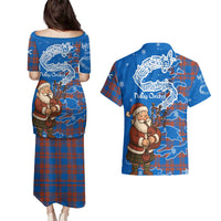 Scotland Christmas Couples Matching Puletasi and Hawaiian Shirt with Santa Playing Bagpipes and Blue Red Tartan Music Notes - Wonder Print Shop