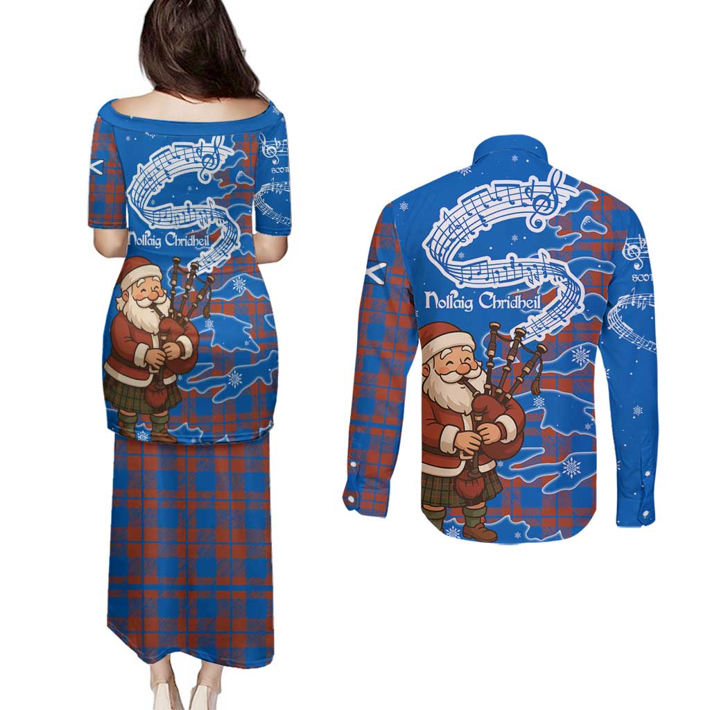 Scotland Christmas Couples Matching Puletasi and Long Sleeve Button Shirt with Santa Playing Bagpipes and Blue Red Tartan Music Notes - Wonder Print Shop