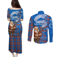 Scotland Christmas Couples Matching Puletasi and Long Sleeve Button Shirt with Santa Playing Bagpipes and Blue Red Tartan Music Notes - Wonder Print Shop
